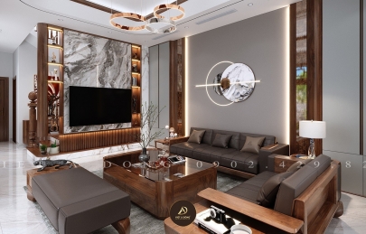 Trang trí phòng khách nhà ống bằng gỗ óc chó